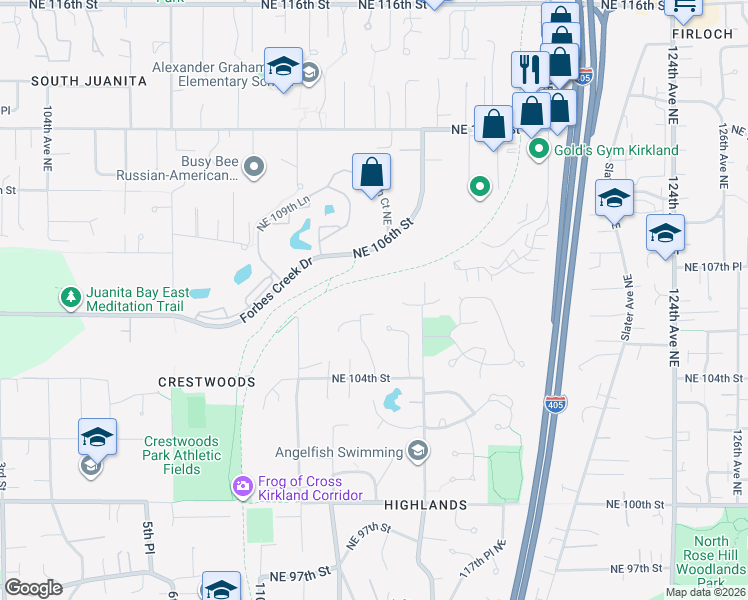 map of restaurants, bars, coffee shops, grocery stores, and more near 10406 Northeast 106th Lane in Kirkland