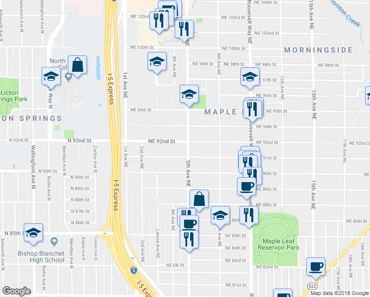 map of restaurants, bars, coffee shops, grocery stores, and more near 9115 5th Avenue Northeast in Seattle