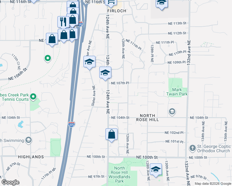map of restaurants, bars, coffee shops, grocery stores, and more near 10612 124th Avenue Northeast in Kirkland