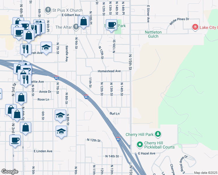 map of restaurants, bars, coffee shops, grocery stores, and more near 2016 North 13th Street in Coeur d'Alene
