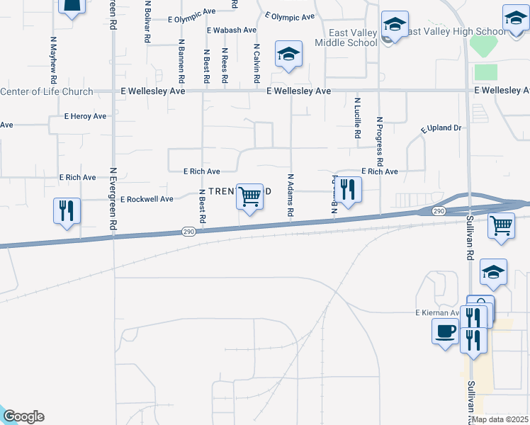 map of restaurants, bars, coffee shops, grocery stores, and more near 14505 East Trent Avenue in Spokane Valley