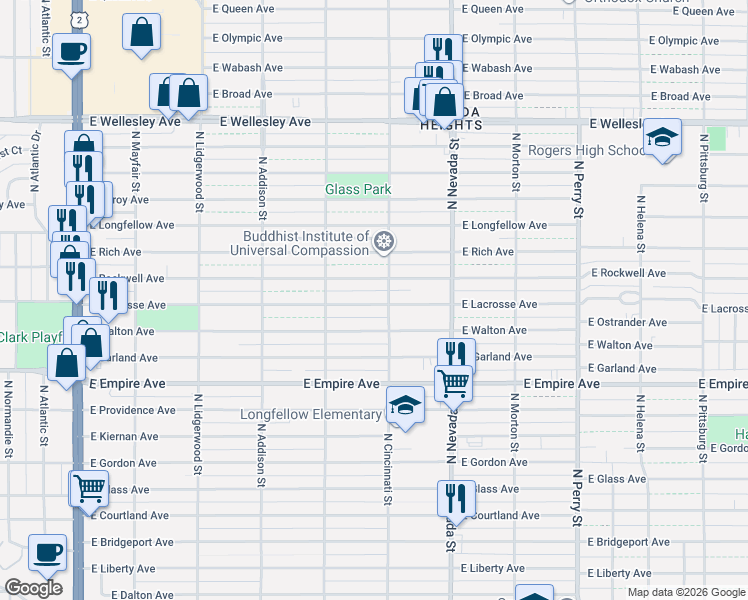 map of restaurants, bars, coffee shops, grocery stores, and more near 703 East Lacrosse Avenue in Spokane