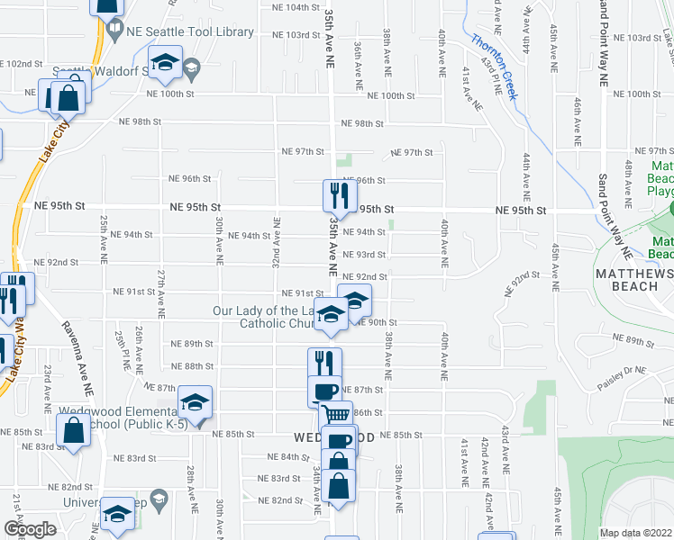 map of restaurants, bars, coffee shops, grocery stores, and more near 9202 35th Avenue Northeast in Seattle
