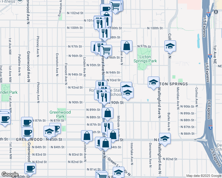 map of restaurants, bars, coffee shops, grocery stores, and more near 1133 North 92nd Street in Seattle