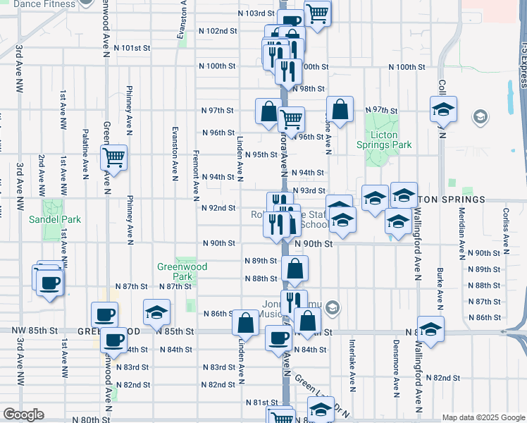 map of restaurants, bars, coffee shops, grocery stores, and more near 927 North 92nd Street in Seattle