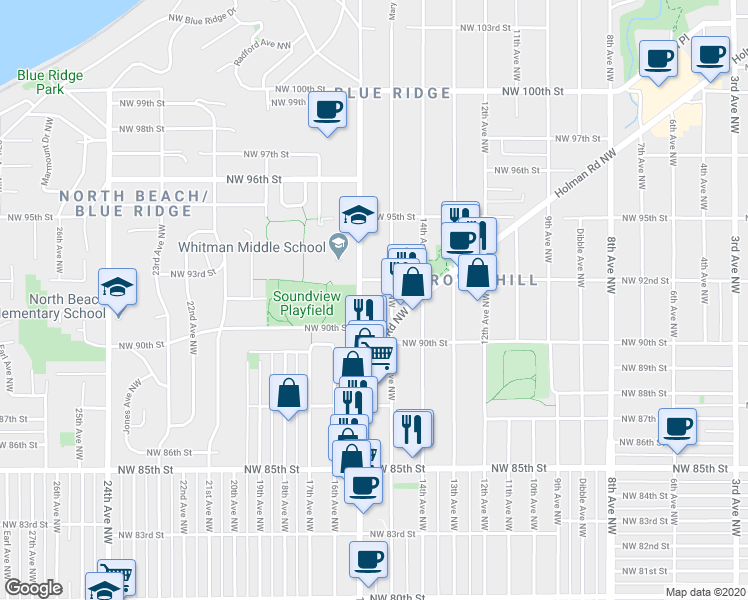 map of restaurants, bars, coffee shops, grocery stores, and more near 9041 Mary Avenue Northwest in Seattle