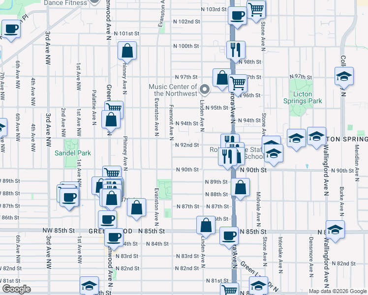 map of restaurants, bars, coffee shops, grocery stores, and more near 725 North 92nd Street in Seattle