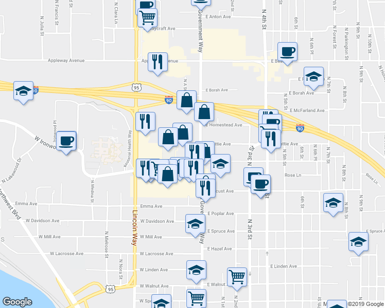 map of restaurants, bars, coffee shops, grocery stores, and more near 125 West Ironwood Drive in Coeur d'Alene