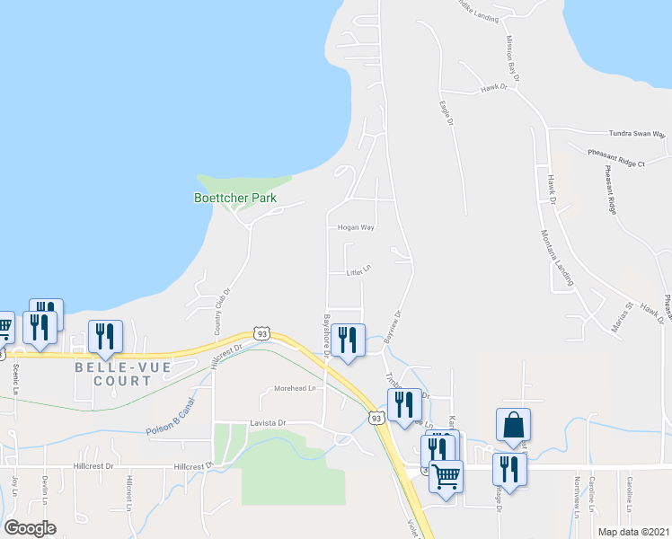 map of restaurants, bars, coffee shops, grocery stores, and more near 188 South Bayshore Drive in Polson