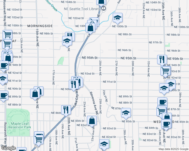 map of restaurants, bars, coffee shops, grocery stores, and more near 2341 Northeast 92nd Street in Seattle