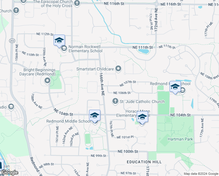 map of restaurants, bars, coffee shops, grocery stores, and more near 10614 166th Place Northeast in Redmond