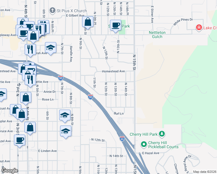 map of restaurants, bars, coffee shops, grocery stores, and more near 2010 North 12th Street in Coeur d'Alene