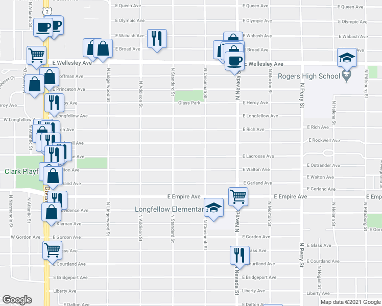 map of restaurants, bars, coffee shops, grocery stores, and more near 703 East Lacrosse Avenue in Spokane