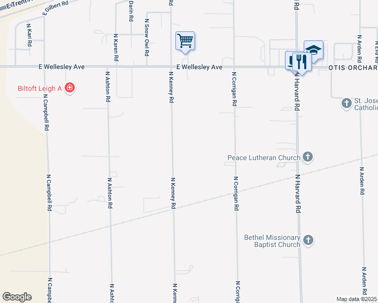 map of restaurants, bars, coffee shops, grocery stores, and more near 4210 North Kenney Road in Otis Orchards-East Farms