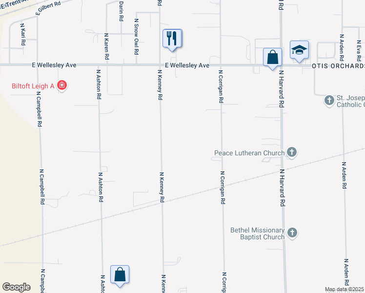 map of restaurants, bars, coffee shops, grocery stores, and more near 4210 North Kenney Road in Otis Orchards-East Farms