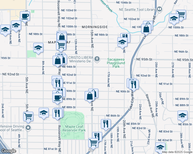 map of restaurants, bars, coffee shops, grocery stores, and more near 1513 Northeast 92nd Street in Seattle