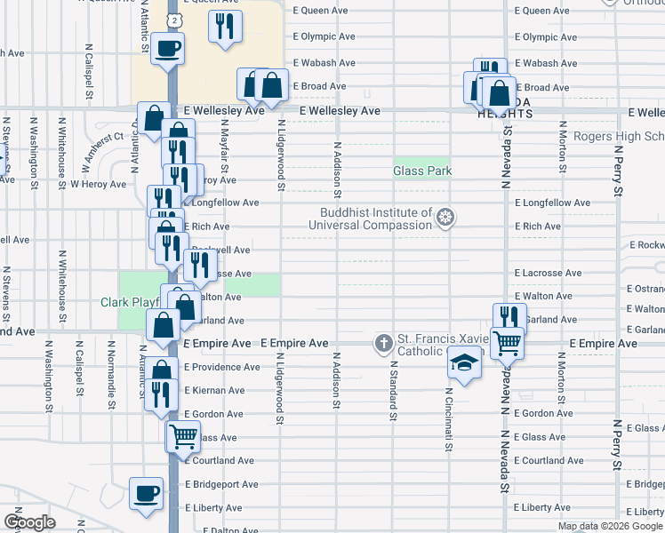 map of restaurants, bars, coffee shops, grocery stores, and more near 427 E Lacrosse Ave in Spokane