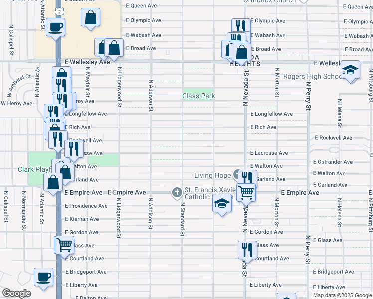 map of restaurants, bars, coffee shops, grocery stores, and more near 4106 North Standard Street in Spokane