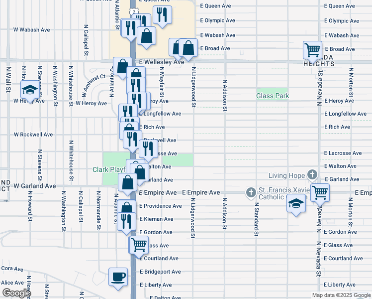 map of restaurants, bars, coffee shops, grocery stores, and more near 223 East Lacrosse Avenue in Spokane