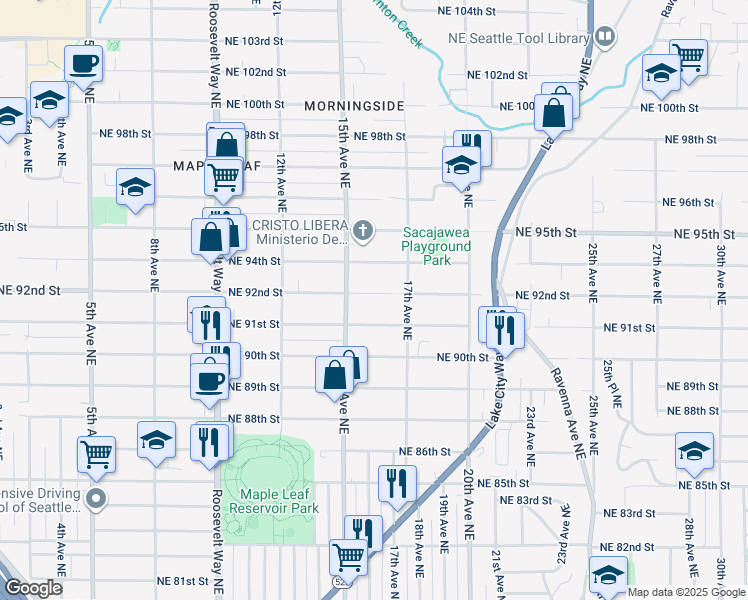 map of restaurants, bars, coffee shops, grocery stores, and more near 1529 Northeast 92nd Street in Seattle