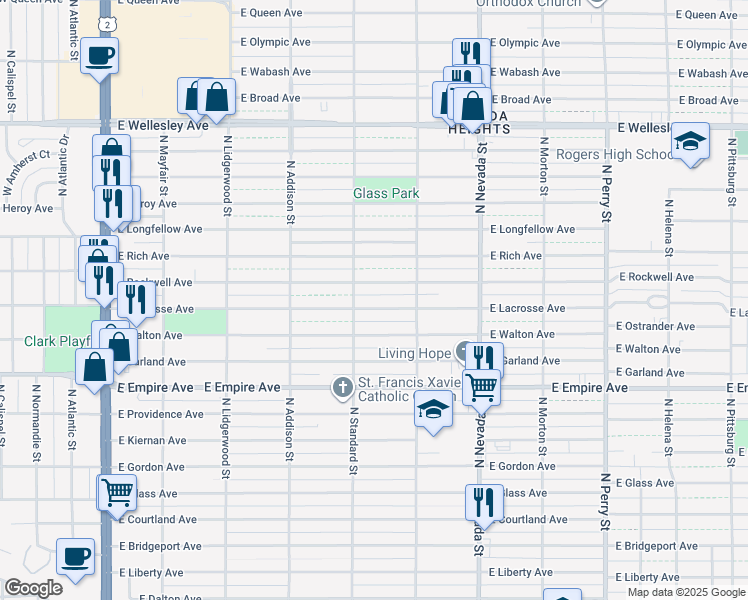 map of restaurants, bars, coffee shops, grocery stores, and more near 703 East Lacrosse Avenue in Spokane
