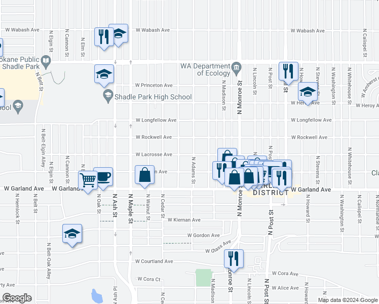 map of restaurants, bars, coffee shops, grocery stores, and more near 4104 North Hawthorne Street in Spokane
