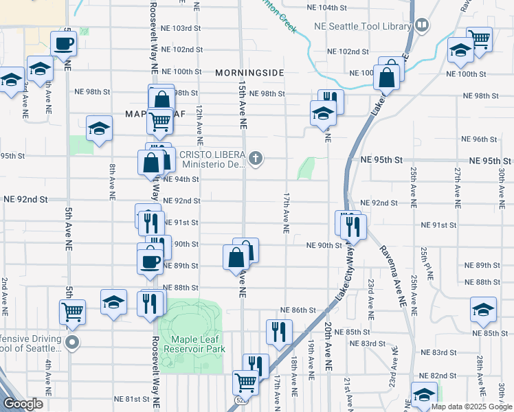 map of restaurants, bars, coffee shops, grocery stores, and more near 1513 Northeast 92nd Street in Seattle
