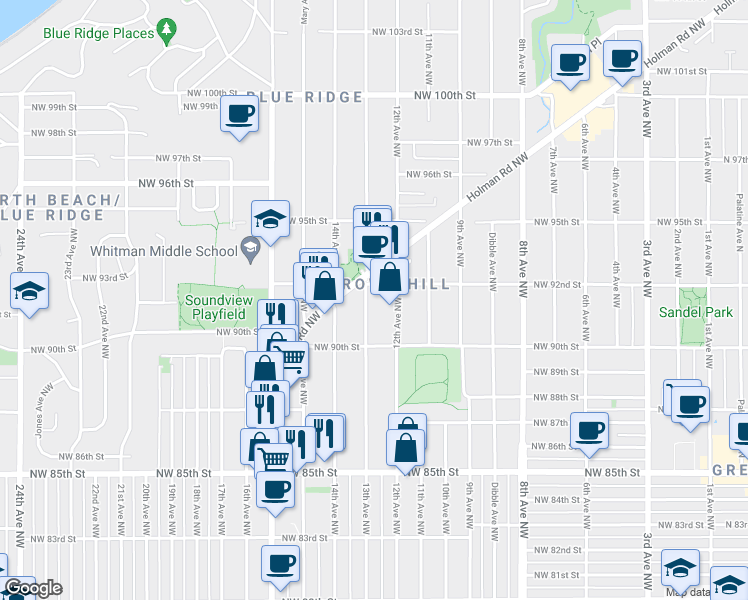 map of restaurants, bars, coffee shops, grocery stores, and more near 9041 13th Avenue Northwest in Seattle
