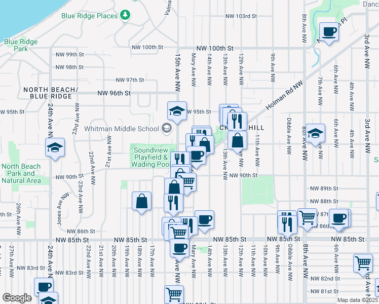 map of restaurants, bars, coffee shops, grocery stores, and more near 9041 Mary Avenue Northwest in Seattle