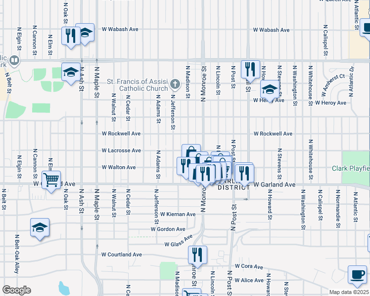 map of restaurants, bars, coffee shops, grocery stores, and more near 4103 North Madison Street in Spokane