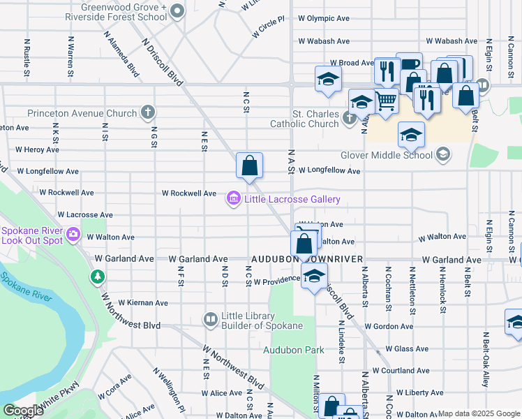 map of restaurants, bars, coffee shops, grocery stores, and more near 3012 West Lacrosse Avenue in Spokane