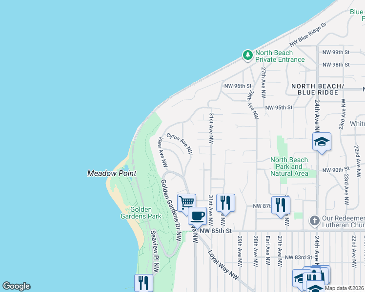 map of restaurants, bars, coffee shops, grocery stores, and more near 9046 Loyal Avenue Northwest in Seattle