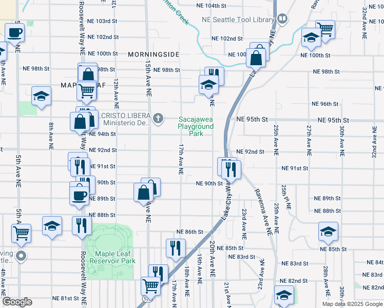 map of restaurants, bars, coffee shops, grocery stores, and more near 1721 Northeast 92nd Street in Seattle
