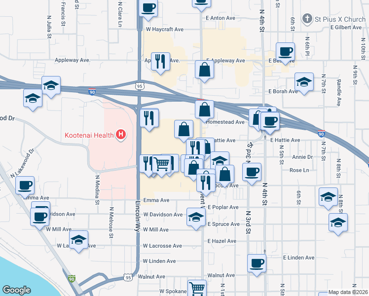 map of restaurants, bars, coffee shops, grocery stores, and more near 125 West Ironwood Drive in Coeur d'Alene