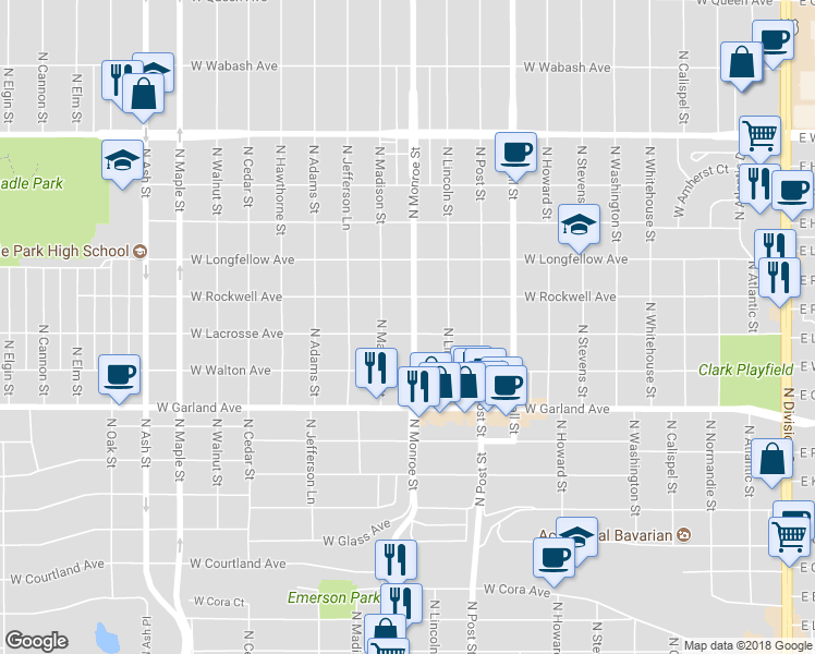 map of restaurants, bars, coffee shops, grocery stores, and more near 4101 North Monroe Street in Spokane