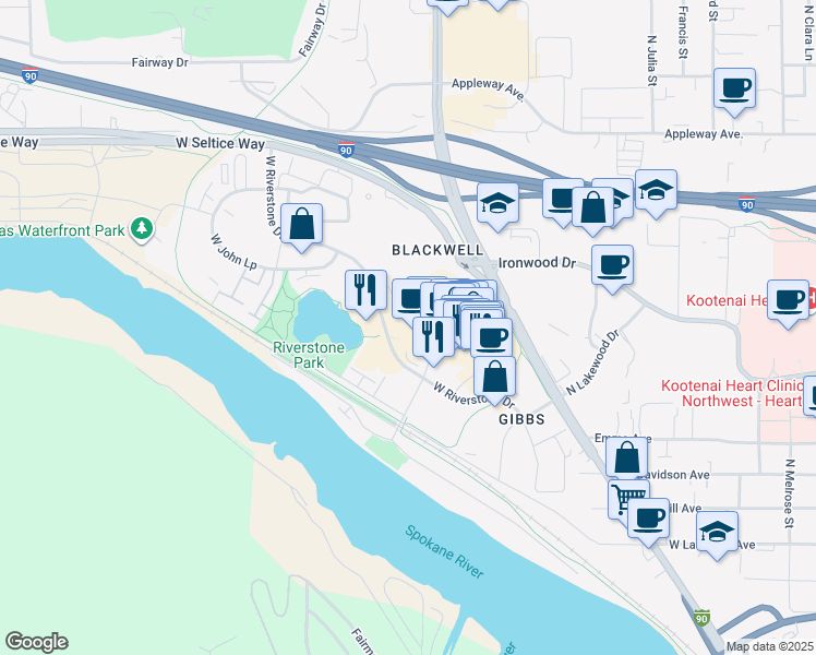 map of restaurants, bars, coffee shops, grocery stores, and more near 2139 Main Street in Coeur d'Alene