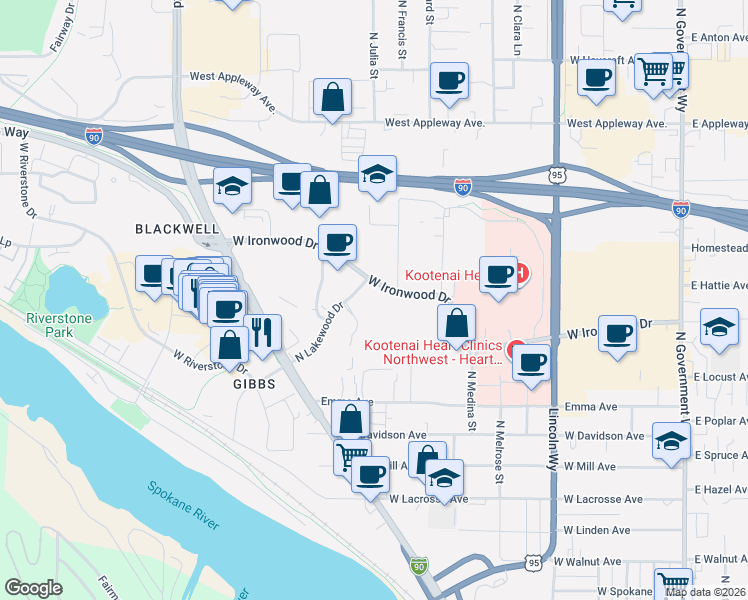 map of restaurants, bars, coffee shops, grocery stores, and more near 1000 West Ironwood Drive in Coeur d'Alene