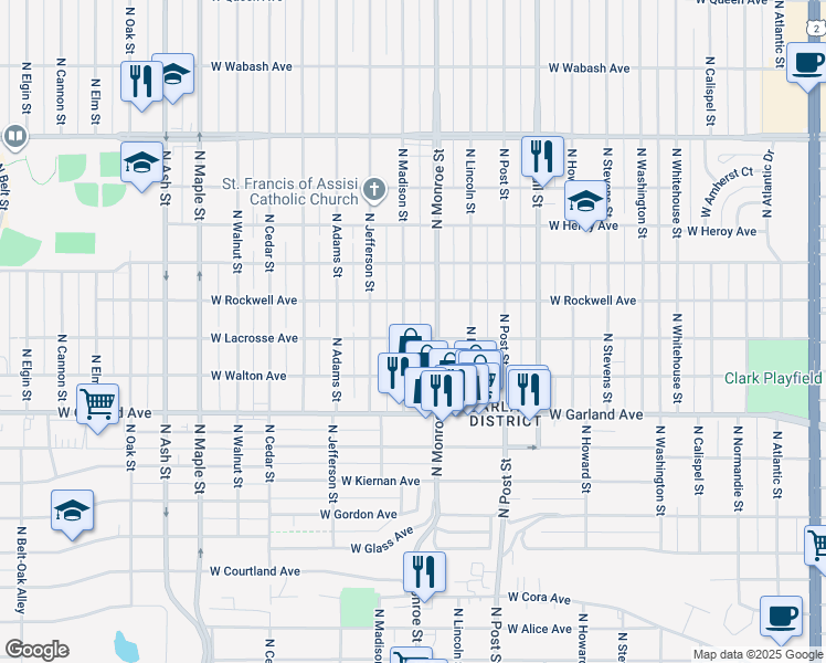 map of restaurants, bars, coffee shops, grocery stores, and more near 4103 North Madison Street in Spokane