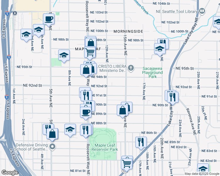 map of restaurants, bars, coffee shops, grocery stores, and more near 1209 Northeast 92nd Street in Seattle