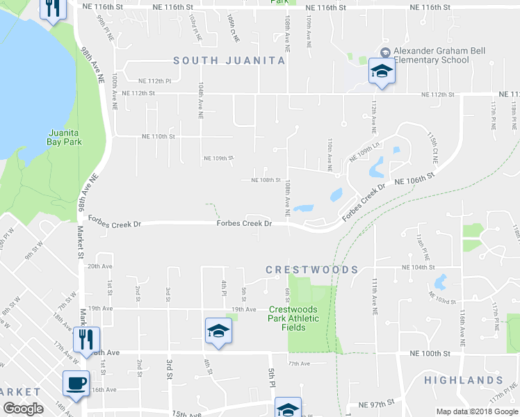 map of restaurants, bars, coffee shops, grocery stores, and more near 10460 107th Place Northeast in Kirkland