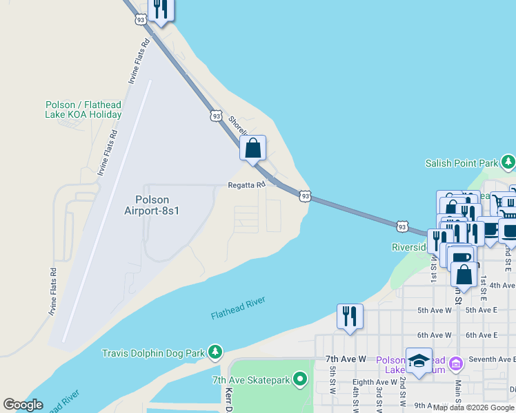 map of restaurants, bars, coffee shops, grocery stores, and more near Flathead River Road in Polson