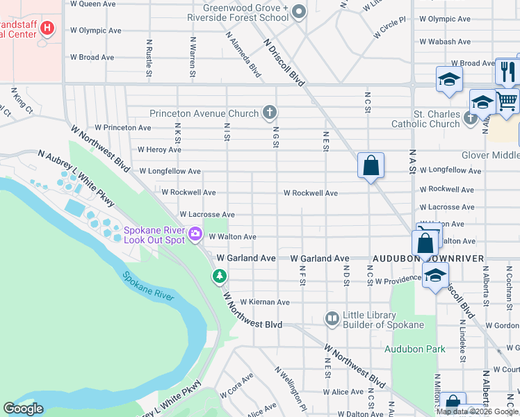 map of restaurants, bars, coffee shops, grocery stores, and more near 3524 W Lacrosse Ave in Spokane