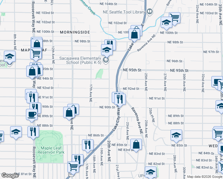 map of restaurants, bars, coffee shops, grocery stores, and more near 9128 20th Avenue Northeast in Seattle