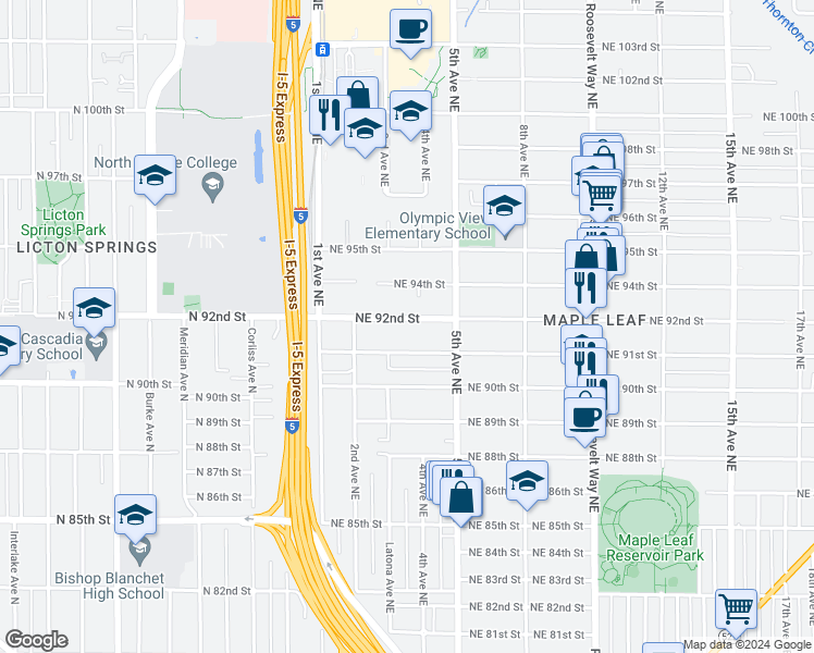 map of restaurants, bars, coffee shops, grocery stores, and more near 335 Northeast 92nd Street in Seattle
