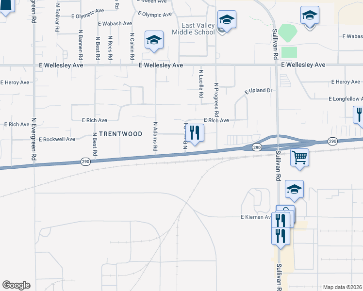 map of restaurants, bars, coffee shops, grocery stores, and more near 14815 East Trent Avenue in Spokane Valley