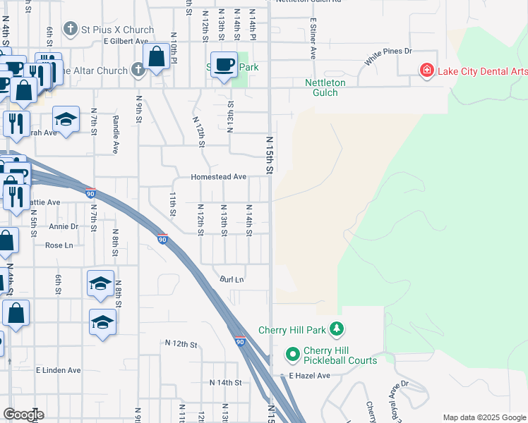map of restaurants, bars, coffee shops, grocery stores, and more near 2018 North 14th Street in Coeur d'Alene