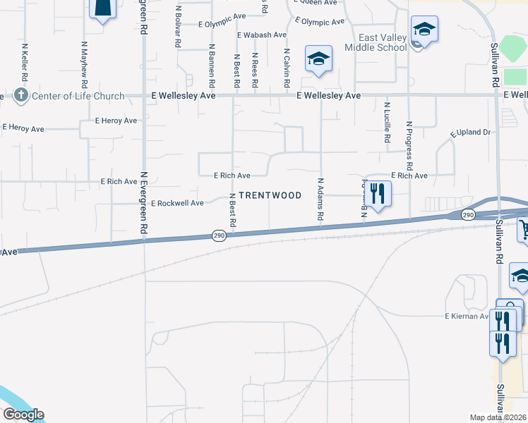 map of restaurants, bars, coffee shops, grocery stores, and more near 4221 North Ellen Road in Spokane Valley