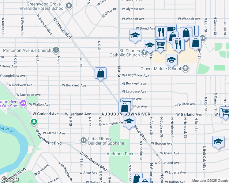map of restaurants, bars, coffee shops, grocery stores, and more near 2914 West Lacrosse Avenue in Spokane
