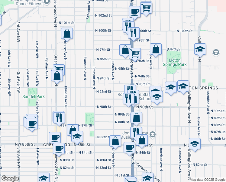 map of restaurants, bars, coffee shops, grocery stores, and more near 751 North 92nd Street in Seattle