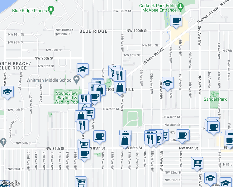 map of restaurants, bars, coffee shops, grocery stores, and more near in Seattle